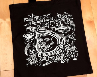 Space Shiba Inu Handmade Screen Printed Tote Bag - Heavy Black Canvas w/ FREE STICKER