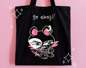 Cute Punk Knife Bear Girl Handmade Screen Printed Tote Bag - Heavy Black Canvas w/ FREE STICKER