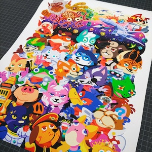 Peut inclure: Une illustration colorée présentant une variété de personnages de dessins animés, y compris des animaux, des robots et d'autres figures fantaisistes. Les personnages sont disposés de manière chaotique et ludique, créant une scène vibrante et énergique.