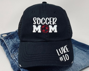 Soccer Mom Hat - Soccer Hat - Custom Number - Custom Name - Distressed Trucker Hat - Dad Hat - Glitter Soccer - Soccer Gift for Mom