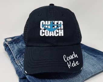Cheer Coach Hat  - Custom Name - Distressed Trucker Hat - Dad Hat - Glitter - Cheer Coach Gift - Cheerleading - Cheerleader - Cheer Bling