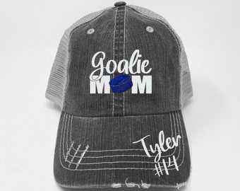 Hockey Goalie Mom Hat - Hockey Hat - Custom Number - Custom Name - Distressed Trucker Hat - Dad Hat - Glitter - Gifts for Mom - Hockey Gift
