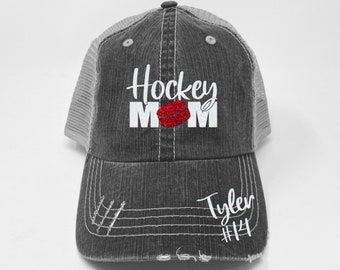 Hockey Mom Hat - Hockey Hat - Custom Number - Custom Name - Distressed Trucker Hat - Dad Hat - Glitter- Gifts for a Hockey Mom - Hockey Gift