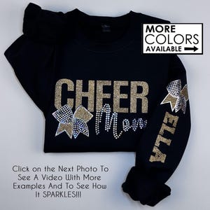 Cheer Mom Sweatshirt with Faux Rhinestones - Custom - Personalize the Colors  - Glitter - Sparkle - Name and Bow on Sleeve or Back