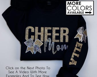 Cheer Mom Sweatshirt with Faux Rhinestones - Custom - Personalize the Colors  - Glitter - Sparkle - Name and Bow on Sleeve or Back