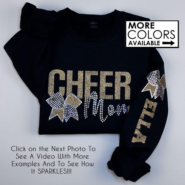 Cheer Mom Sweatshirt with Faux Rhinestones - Custom - Personalize the Colors  - Glitter - Sparkle - Name and Bow on Sleeve or Back