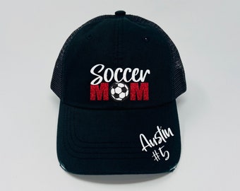 Soccer Mom Hat - Custom Number - Custom Name - Distressed Trucker Hat - Dad Hat - Glitter - Gifts for a Soccer Mom - Soccer Gift