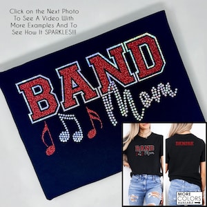 Band Mom Shirt With Glitter Faux Rhinestones - Name on the Back - Custom Colors - Marching Band T-Shirt   - Sparkle - School Colors