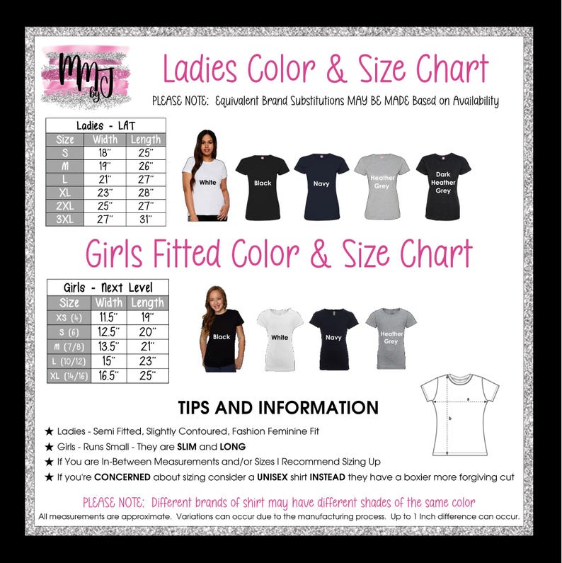 The image is a color and size chart for ladies and girls, providing details on the available t-shirt sizes and colors.