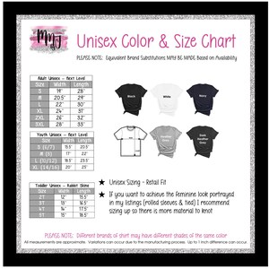 The image is a color and size chart for unisex clothing, including various sizes and styles for both adult and youth uniques.