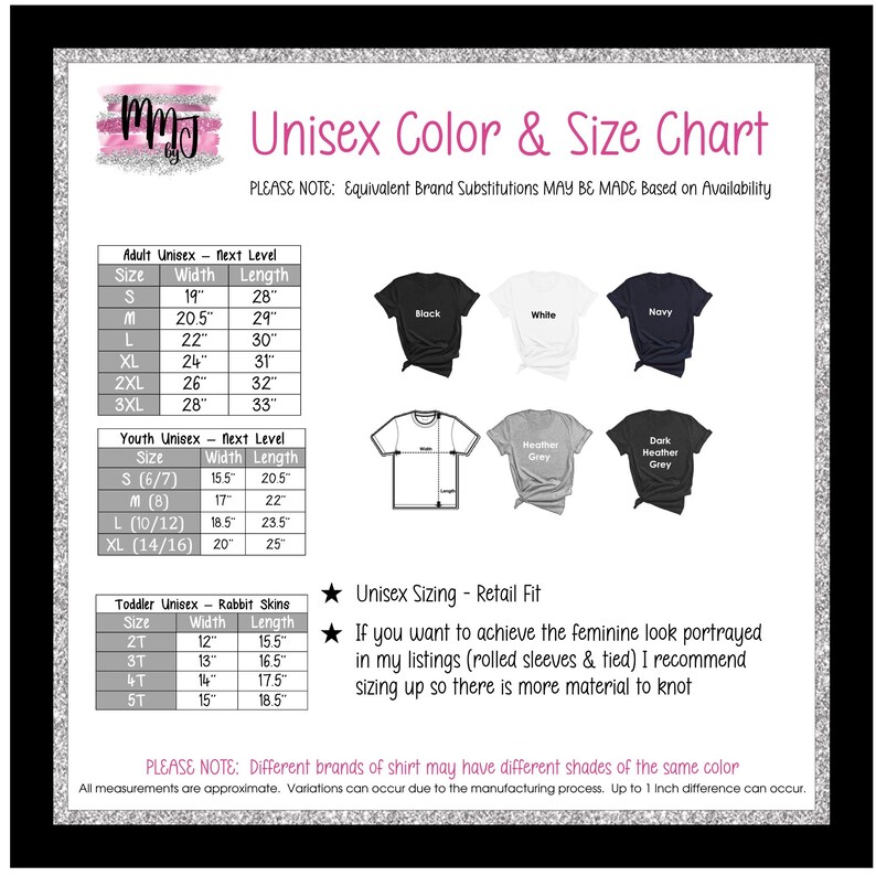 The image is a color and size chart for unisex clothing, including various sizes and styles for both adult and youth uniques.