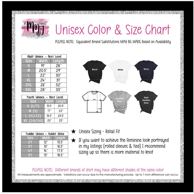 The image is a color and size chart for unisex clothing, including various sizes and styles for both adult and youth uniques.
