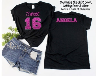 Sweet 16 Shirt with Faux Rhinestones - Includes a NAME on the BACK - Personalize the Colors - Glitter - Birthday Party Shirt - Sweet Sixteen