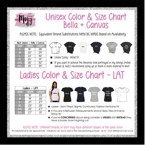 The image is a color and size chart for women's clothing, including a chart for both adult and ladies' sizes. It provides measurements and corresponding shirt styles for different sizes, such as S, L, XL, and 3X. The chart also includes a note about equal brand substitutions and a note about the availability of the canvas.
