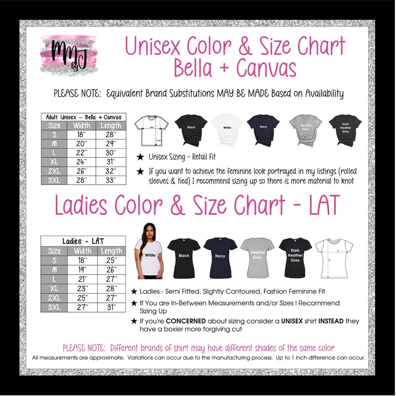 The image is a color and size chart for women's clothing, including a chart for both adult and ladies' sizes. It provides measurements and corresponding shirt styles for different sizes, such as S, L, XL, and 3X. The chart also includes a note about equal brand substitutions and a note about the availability of the canvas.
