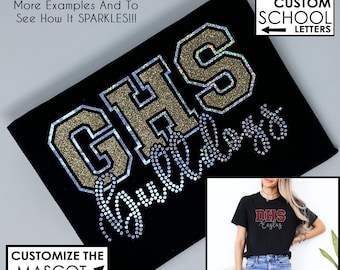 T-shirt personnalisé avec le nom de l'école, une mascotte, des strass et des paillettes – T-shirt esprit enseignant – Couleurs de l'université – Équipe – Maman – Bulldogs
