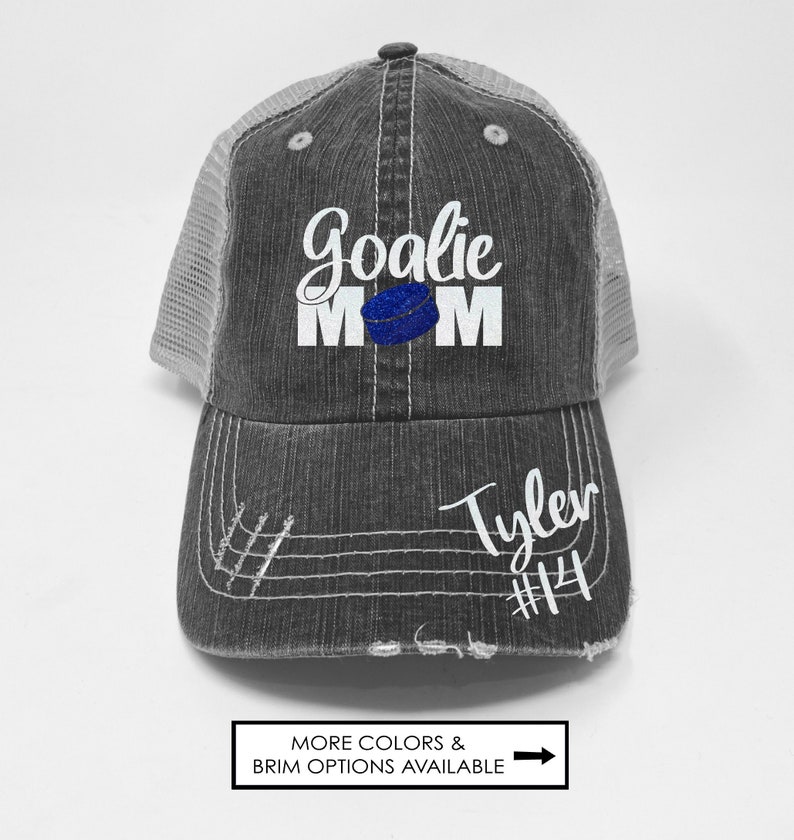Hockey Goalie Mom Hat - Hockey Hat - Custom Number - Custom Name - Distressed Trucker Hat - Dad Hat - Glitter - Gifts for Mom - Hockey Gift image 1
