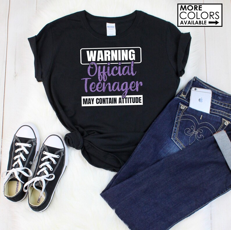 Warning Official Teenager May Contain Attitude Shirt - Officially a Teenager - Custom Colors - Glitter - 13th Birthday - Birthday Girl Shirt image 1