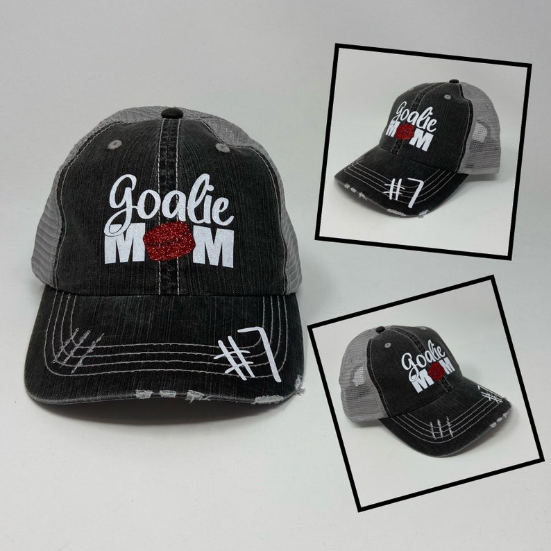 Hockey Goalie Mom Hat - Hockey Hat - Custom Number - Custom Name - Distressed Trucker Hat - Dad Hat - Glitter - Gifts for Mom - Hockey Gift image 4