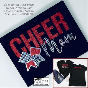 Cheer Mom Bow Shirt with a Name - Custom Colors  - Faux Rhinestone & Glitter Shirt - Gifts for a Cheer Mom - Proud Mom - Custom Cheer
