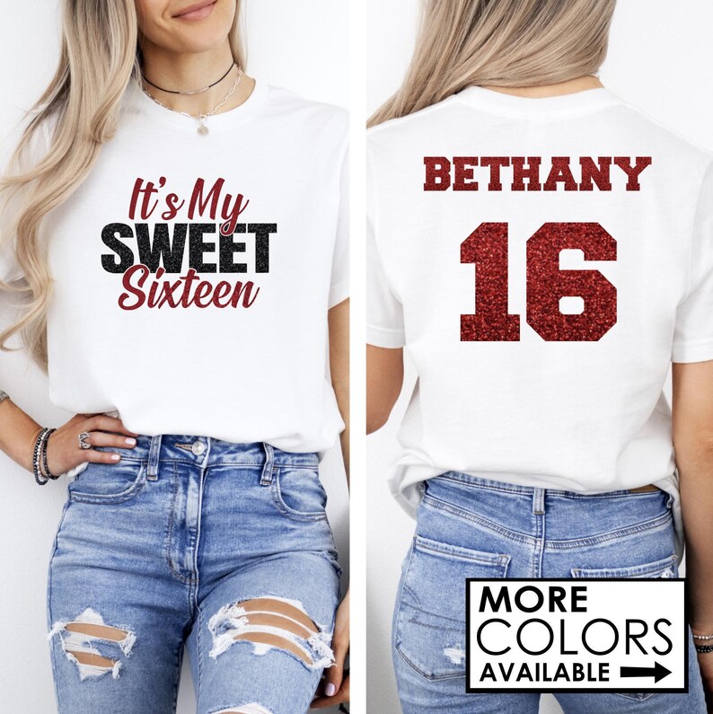 Camiseta "Es mi dulce 16" - Camiseta personalizada con brillantina para la dulce 16ª cumpleaños - Camisetas para chicas de 16 años - Conjunto brillante para la fiesta de 16º cumpleaños - Grupo de la dulce 16ª fiesta imagen 2