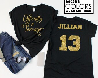 Lots of Hearts Officially a Teenager Shirt with your NAME & 13 on the back - Personalize the Colors - Glitter - 13th Birthday -Official Teen