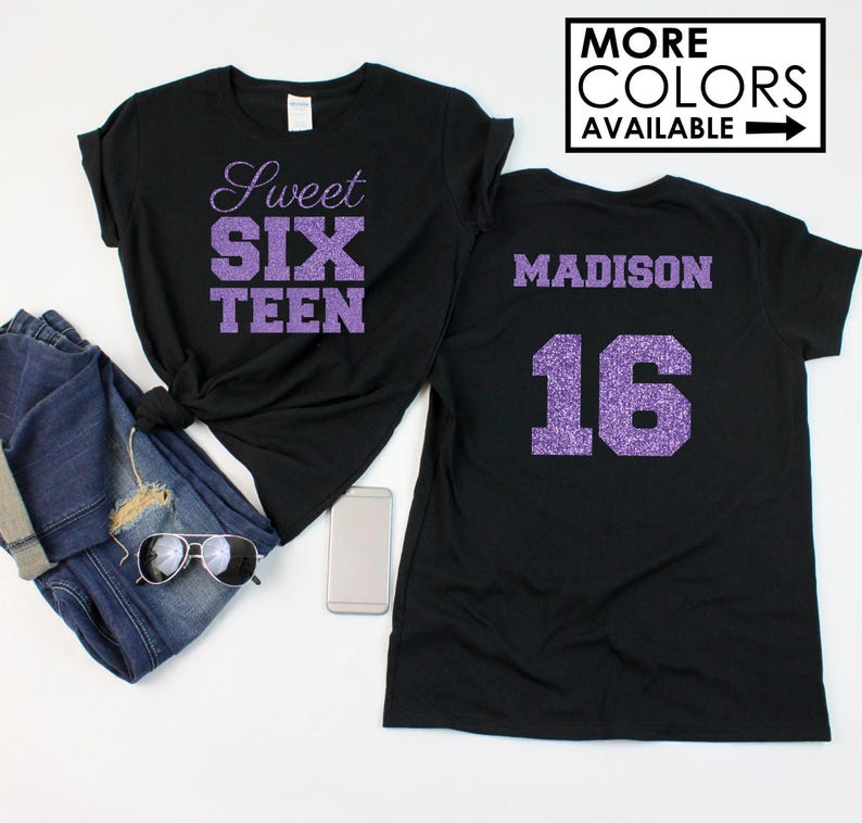 Sweet 16 Shirt with Script Writing - Personalize the Colors - Glitter - Sweet 16 Party - 16th Birthday - Sweet Sixteen - Birthday Girl Shirt image 1