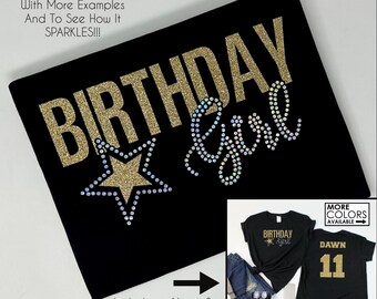 T-shirt « Joyeux anniversaire » avec étoile, paillettes et strass, prénom et chiffre au dos - Couleurs personnalisées - T-shirt d'anniversaire pour femme