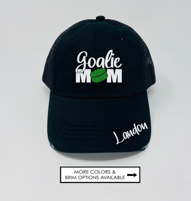 Hockey Goalie Mom Hat - Hockey Hat - Custom Number - Custom Name - Distressed Trucker Hat - Dad Hat - Glitter - Gifts for Mom - Hockey Gift image 2