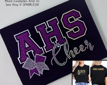 Custom School Letters Cheer Bow Shirt With a Name on the Back - Faux Rhinestone & Glitter Shirt - School Initials - Team Spirit - Family Tee
