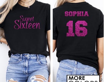 Swirly Sweet Sixteen Shirt with ANY NAME - Personalize the Colors - Glitter - Birthday Party Shirt - Sweet 16 Shirt - 16th Birthday T-shirt