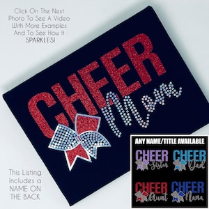 Custom Name Cheer Bow Shirt With a Name on the Back - Faux Rhinestone & Glitter Shirt - Cheer Sister- Cheer Dad - Cheer Grandma -Cheer Nana