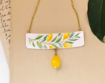 Lightweight cottagecore lemon bar necklace, dainty citrus leaf necklace, springtime nature jewelry