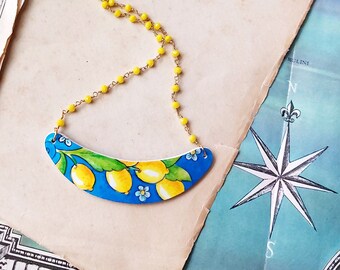 Sicilian Lemon Necklace, Italian lemon fruit pendant, Mediterranean colorful adjustment necklace, Sicilian travel memory, lemon jewellery