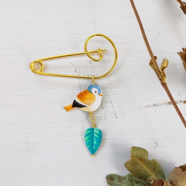 Winter chaffinch bird brooch, gold safety pin brooch with bird charm, painted paper charms nature inspired, bird lovers gifts small brooch