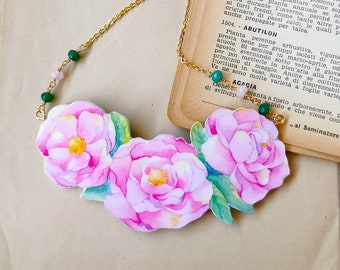 Bib statement luxury inspired peony necklace, lightweight watercolor pink flower necklace, birth flower November jewelry necklace pendant