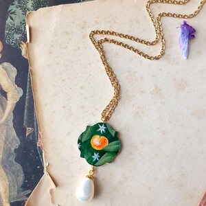 Paper pendant Botticelli's Spring inspired, Renaissance painting drop pendant with orange fruits and flowers, mastepiece art history replica image 4