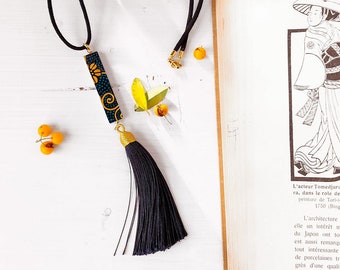Japanese painted pendant necklace with long tassel, rope necklace with lightweight double sided black and gold pendant, boho tassel pendant