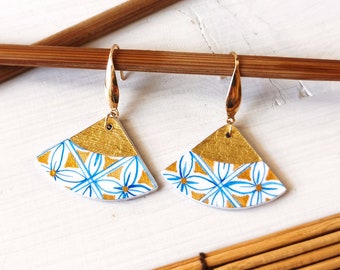 Japanese triangle fan earrings, lightweight painting paper earrings geometric Shippou motif, blue and gilding foil earrings