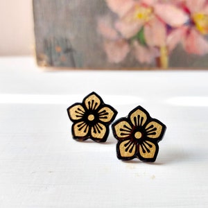 Tiny Sakura blossom stud earrings, Japanese jewelry, Sakura Cherry Blossom paper earrings, luxury posts black and gilding foil image 1