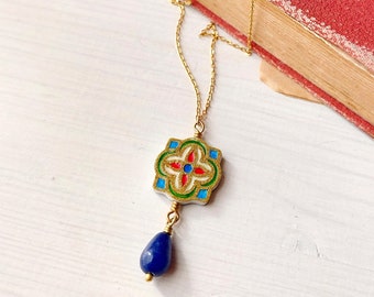 Byzantine pendant necklace, Historical replica jewelry, luxury inspired paper painting dangle, chain necklace with imitation medieval enamel