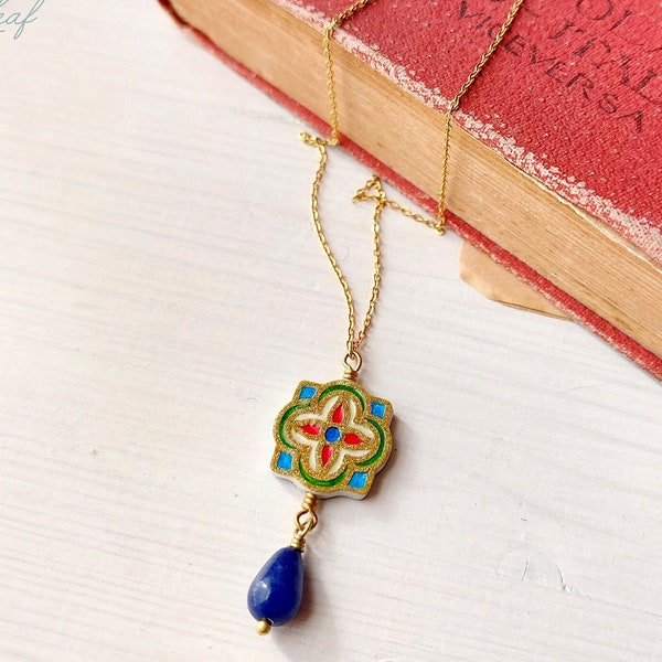 Byzantine pendant necklace, Historical replica jewelry, luxury inspired paper painting dangle, chain necklace with imitation medieval enamel