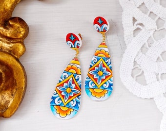 Gorgeous baroque Talavera dangle earrings, wearable Mexican travel memory, luxury painted paper earrings, Mexican pottery Talavera tile