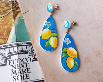 Sicilian tile drop earrings with lemon, folk painted paper earrings, travel memories in Sicily, lightweight summer artsy earrings