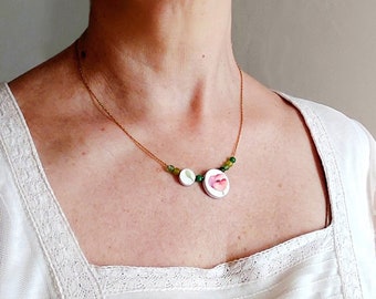 Dainty poppy flower asymmetric necklace, delicate necklace for women with charms and beads, painting paper poppy August birthday flower