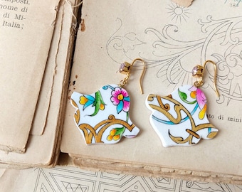 Oriental Art replica arabesque pattern earrings, tile flower shape painted dangle, lightweight miniature oriental art inspired earrings