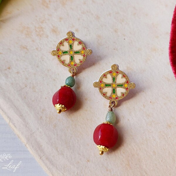 Byzantine stud pendant earrings, luxury historical replica of medieval earrings, byzantine earrings imitates the workmanship cloisonné