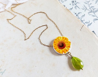 Dainty sunflower necklace, delicate necklace for women with pendant and bead, painting paper sunflower August birthday flower