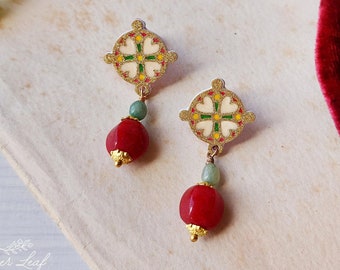 Byzantine stud pendant earrings, luxury historical replica of medieval earrings, byzantine earrings imitates the workmanship cloisonné