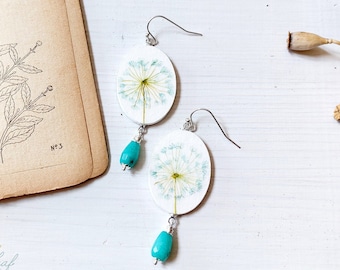 Dandelion dainty earrings, botanical jewelry, oval white and green earrings, wedding earrings, bridesmaid gift, lightweight paper earrings